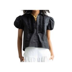 Monica Nera Summer Top In Black Button Up Blouse Puff Sleeve XS